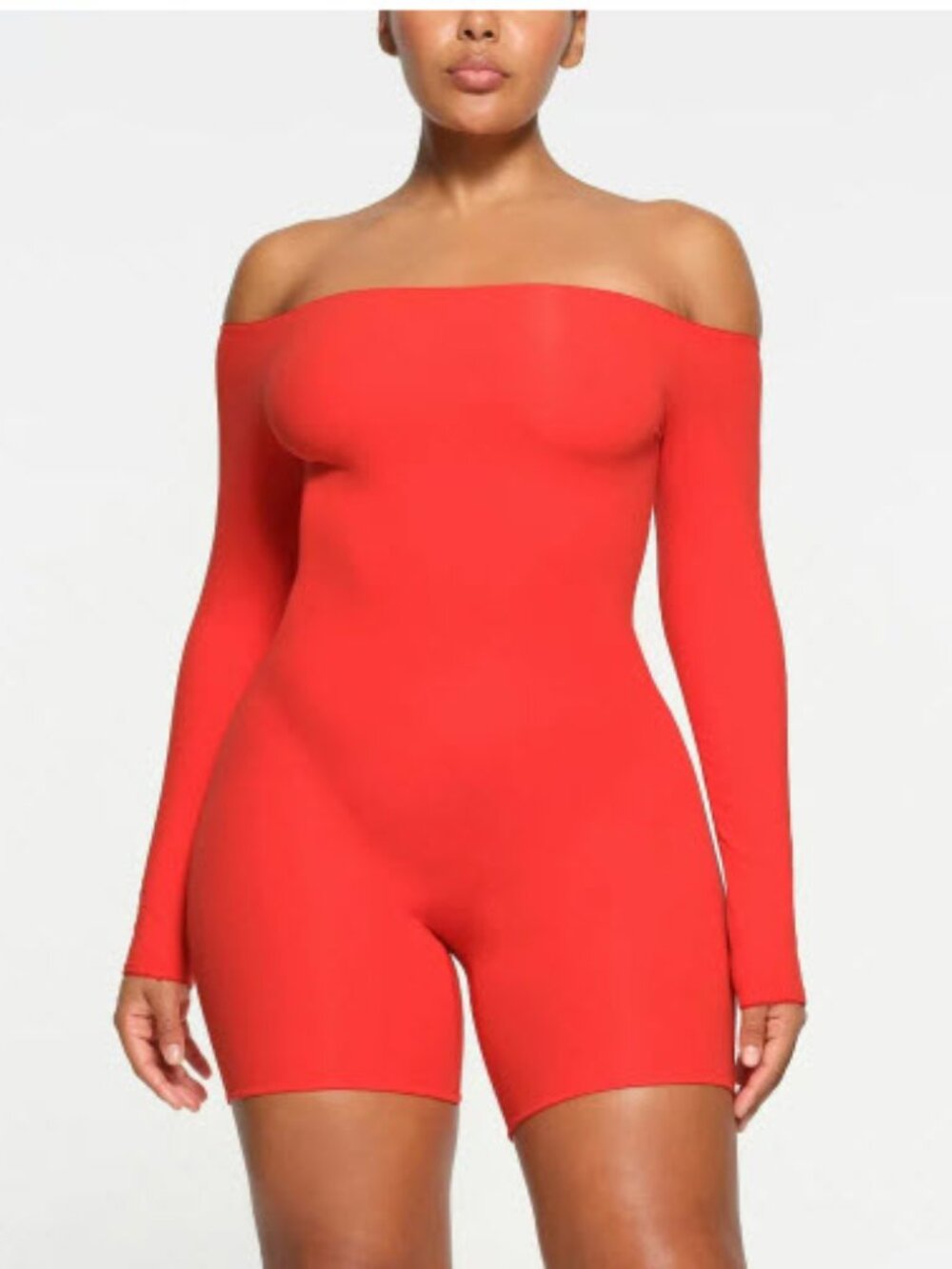 SKIMS Fits Everybody Picot Off-The-Shoulder Onesie in Red. Small.